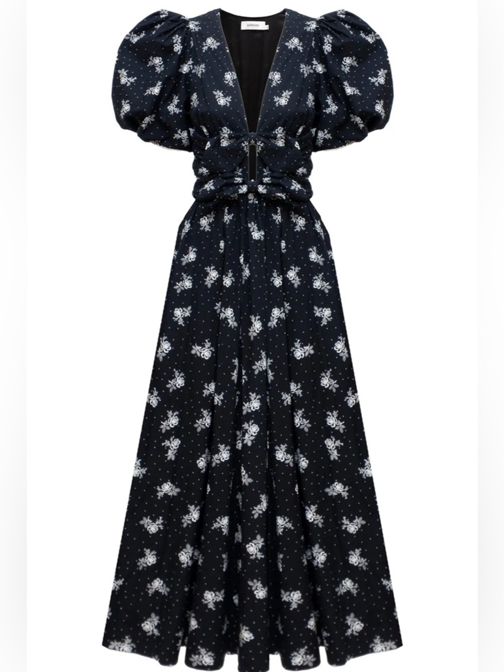 NWT LOVAAN Devon in Vintage Rose Floral Midi Dress with Puff Sleeves & V-Neck